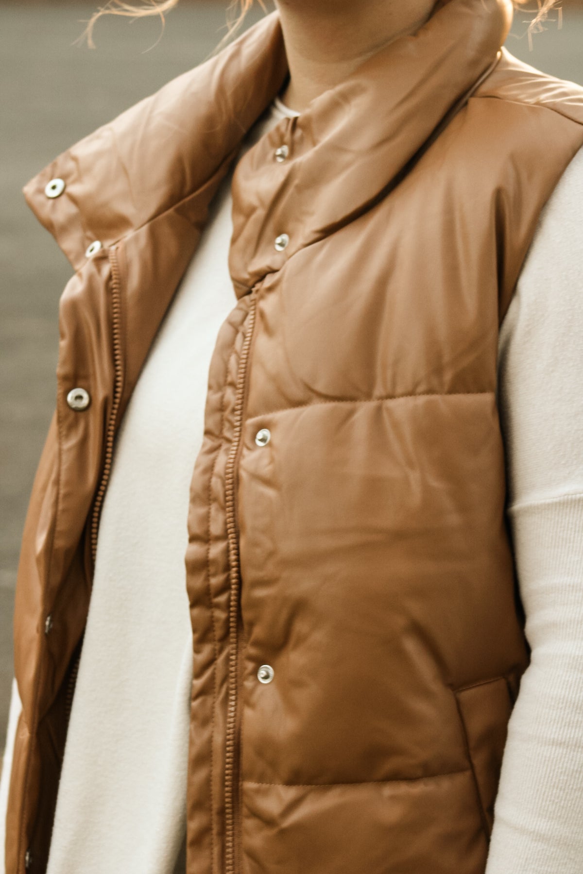 THE ALLIE-CARMEL FAUX LEATHER PUFFER VEST