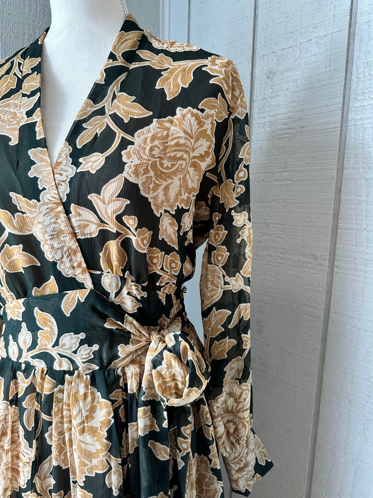 THE CAROLINE-GOLD FLORAL WRAP DRESS