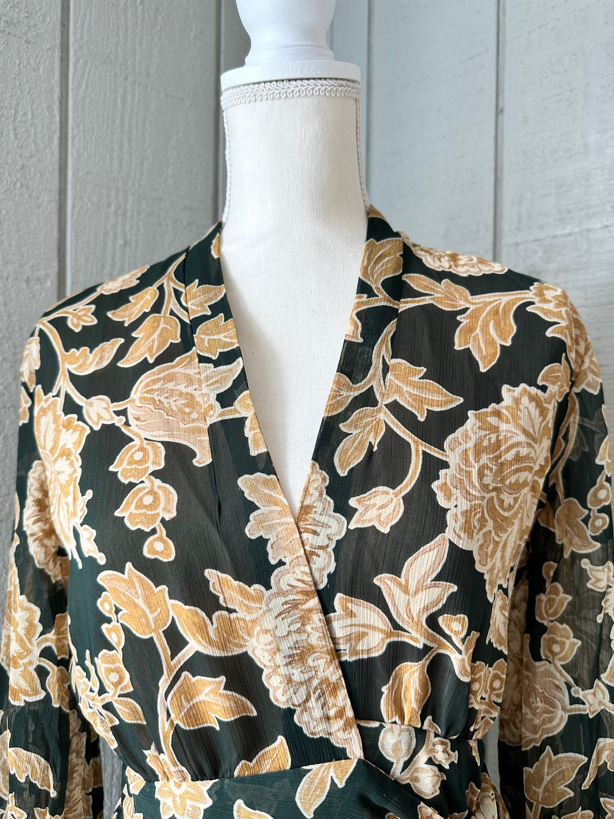 THE CAROLINE-GOLD FLORAL WRAP DRESS